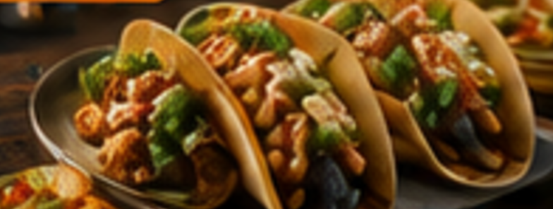 Street tacos plated on a wooden board