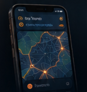 Phone showing a live route map with glowing stops