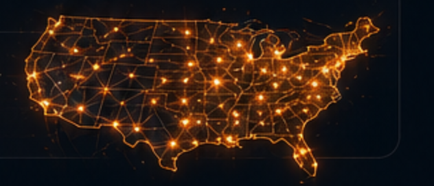 A map of the United States drawn in glowing orange highway connections with bright city nodes